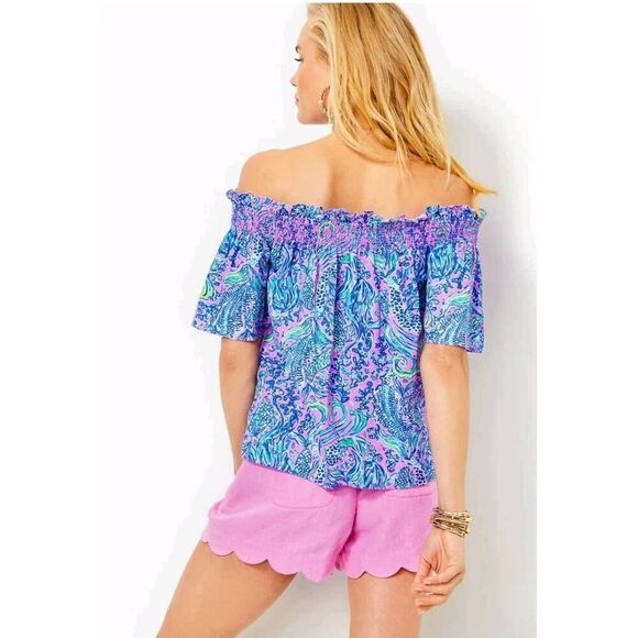 Lilly Pulitzer Linen Top Womens Large Leanne Off the Shoulder Lilac Rose We Merm - Picture 2 of 7